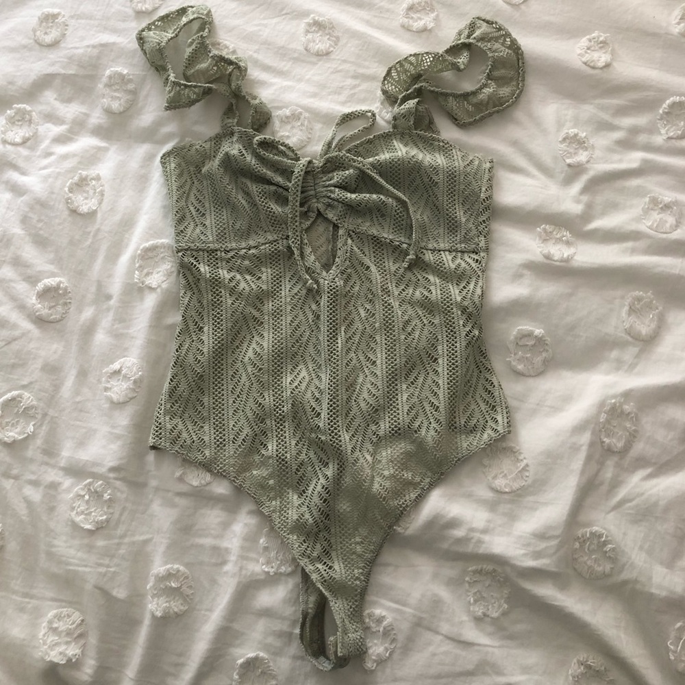 Lace Bodysuit with Ruffle and Front Tie Detail